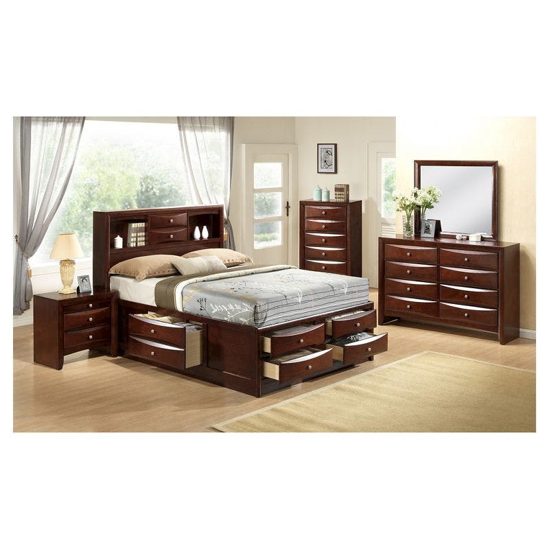 Transitional King Oak Bookcase Bed with Ample Storage in Mahogany