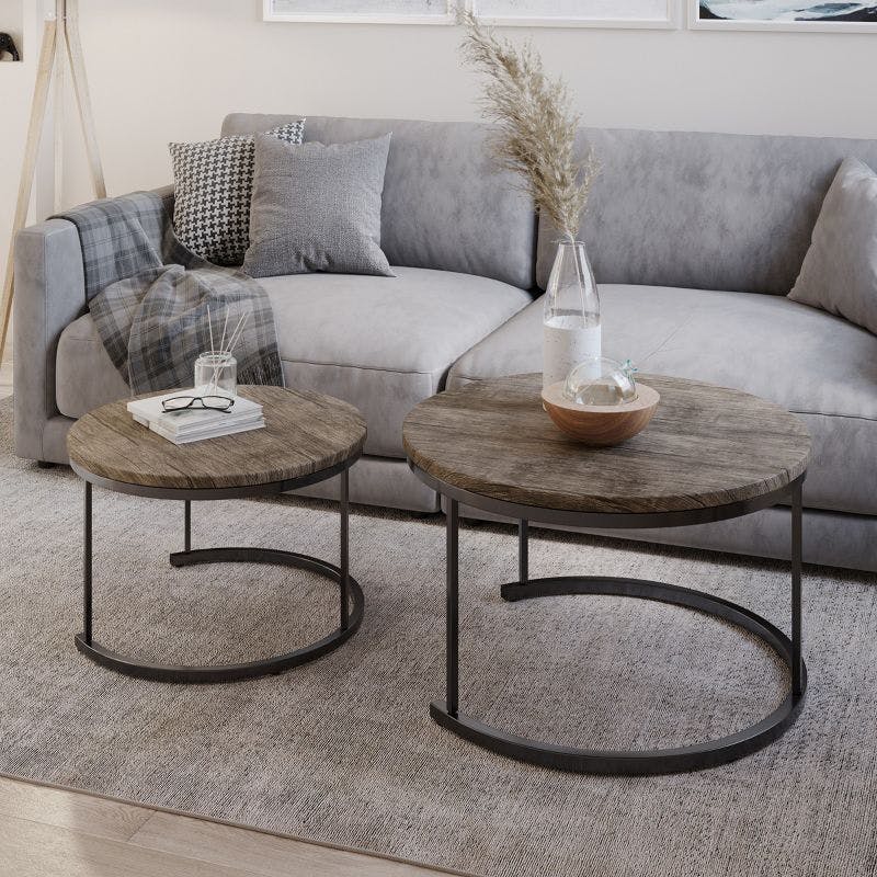 Modern Farmhouse Round Nesting Coffee Tables in Gray-Brown