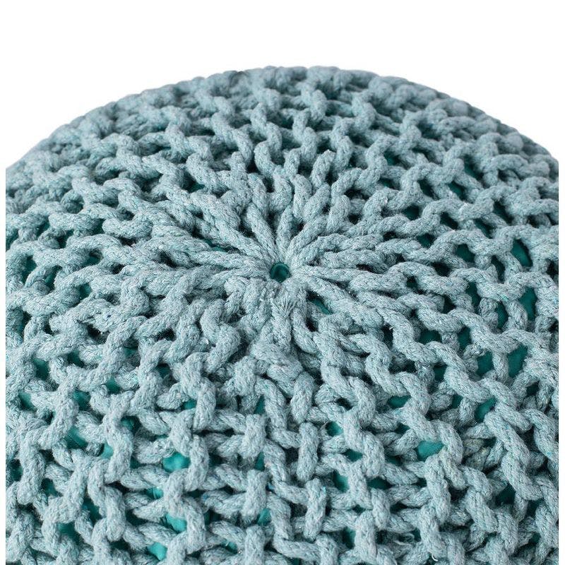 Sage Green Hand-Knitted Cotton Round Pouf Ottoman