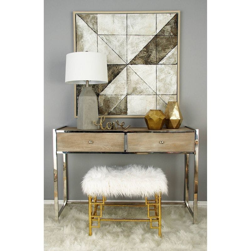 Chic Gold Metal & White Faux Fur Accent Stool