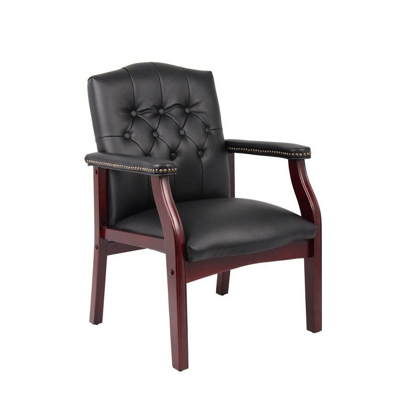 Classic Traditional Button Tufted Black Vinyl Guest Chair with Mahogany Wood Frame