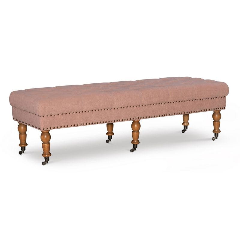 Isabelle Washed Pink Linen 62" Tufted Bench with Bronze Nailheads