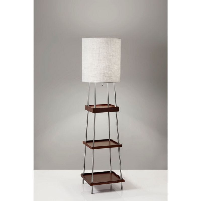 Elegant White Textured Fabric Shelf Floor Lamp with Wireless Charging