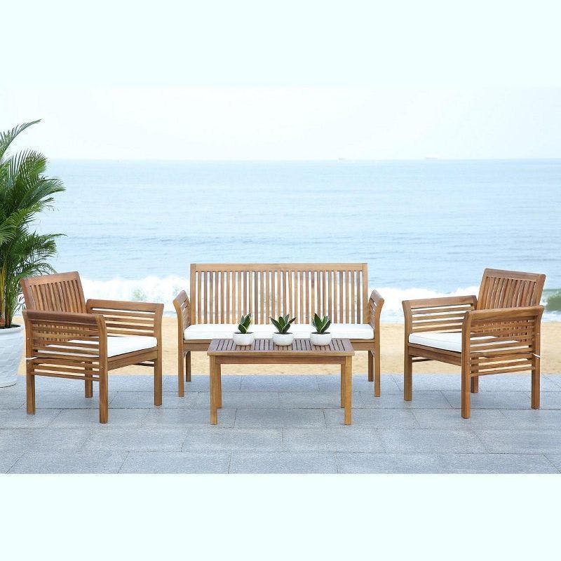 Transitional Acacia Wood 4-Person Outdoor Patio Set in Natural Beige