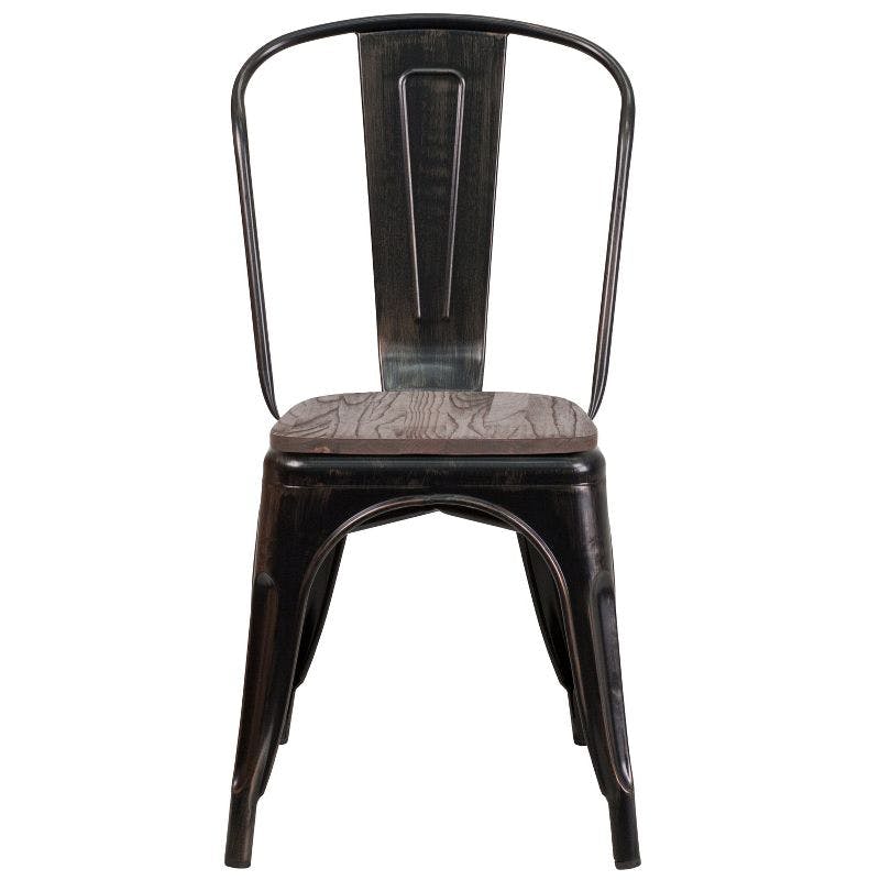 Rustic Black-Antique Gold Metal Stackable Side Chair with Wood Seat