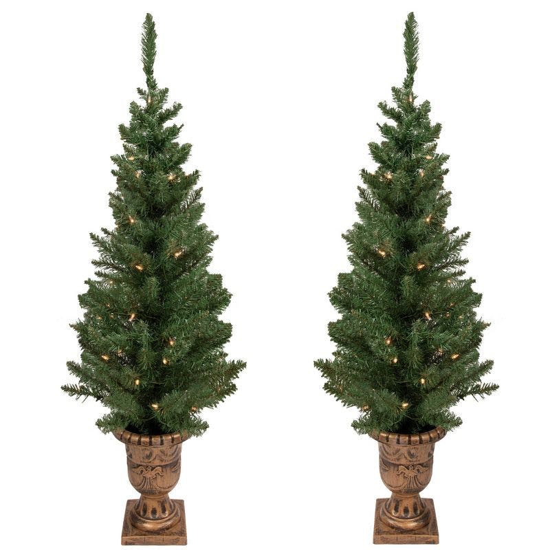 Festive Porch Pine and Boxwood Topiary Christmas Trees with Lights - 4'