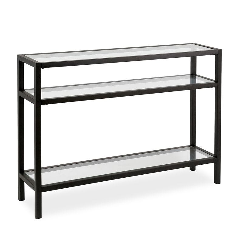 Modern Industrial Blackened Bronze Console Table with Tempered Glass Shelves