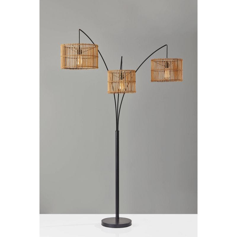 Bohemian Bronze 3-Light Arc Floor Lamp with Rattan Shades