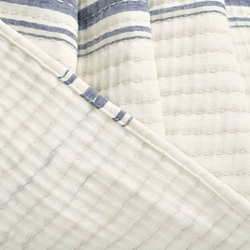 Farmhouse Stripe Kantha Pick Stitch Navy Cotton King Quilt/Coverlet