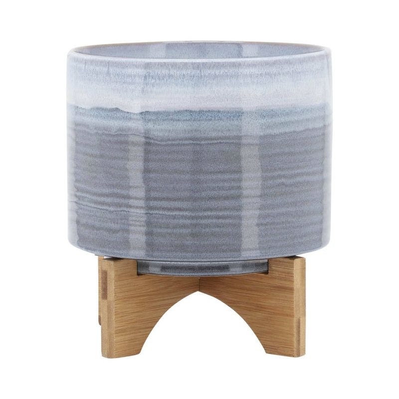 Elegant Ombre Blue 8" Ceramic Planter with Wooden Stand