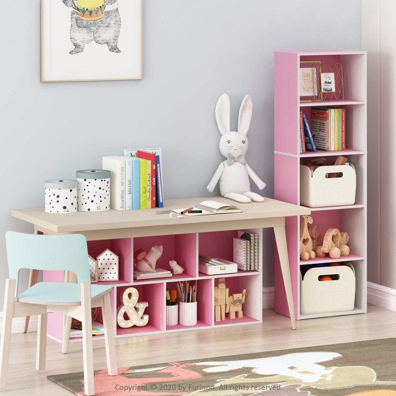 Contemporary 5-Tier Laminated Wood Bookcase in White & Pink