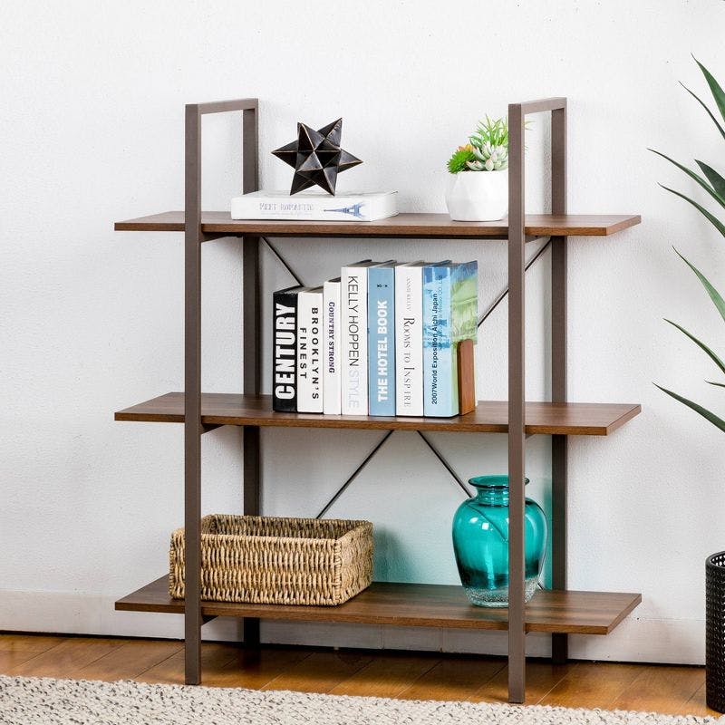 Rustic Brown Wooden 3-Tier Ladder Bookcase with Large Capacity Shelves