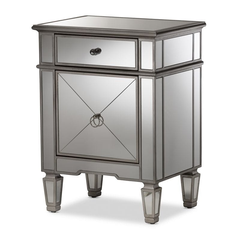Claudia Silver Mirrored 1-Drawer Nightstand with Crosshatch Detail