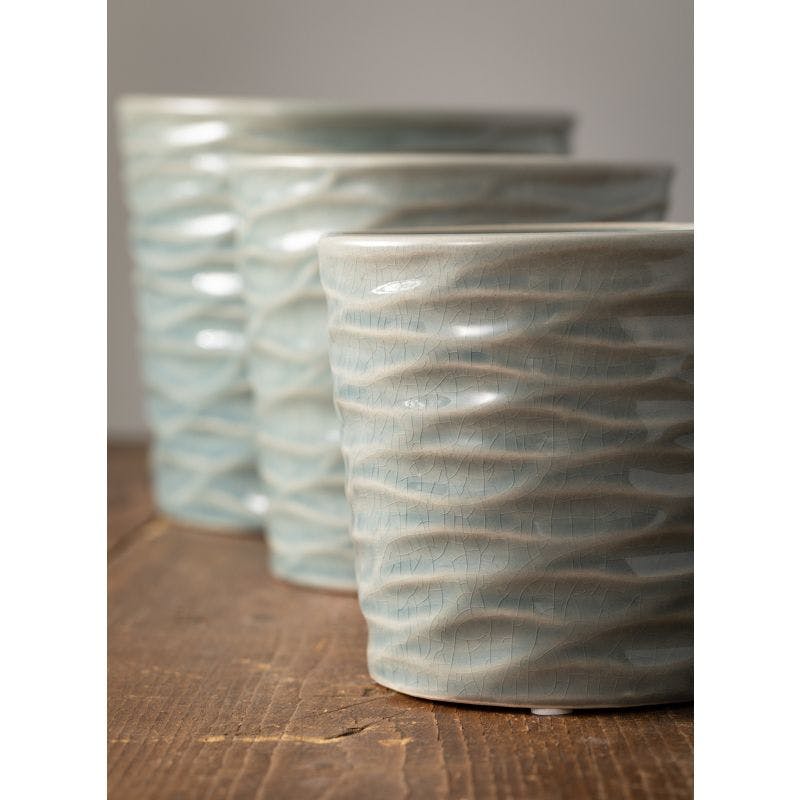 Trio of Textured Blue Ceramic Indoor/Outdoor Planter Vases