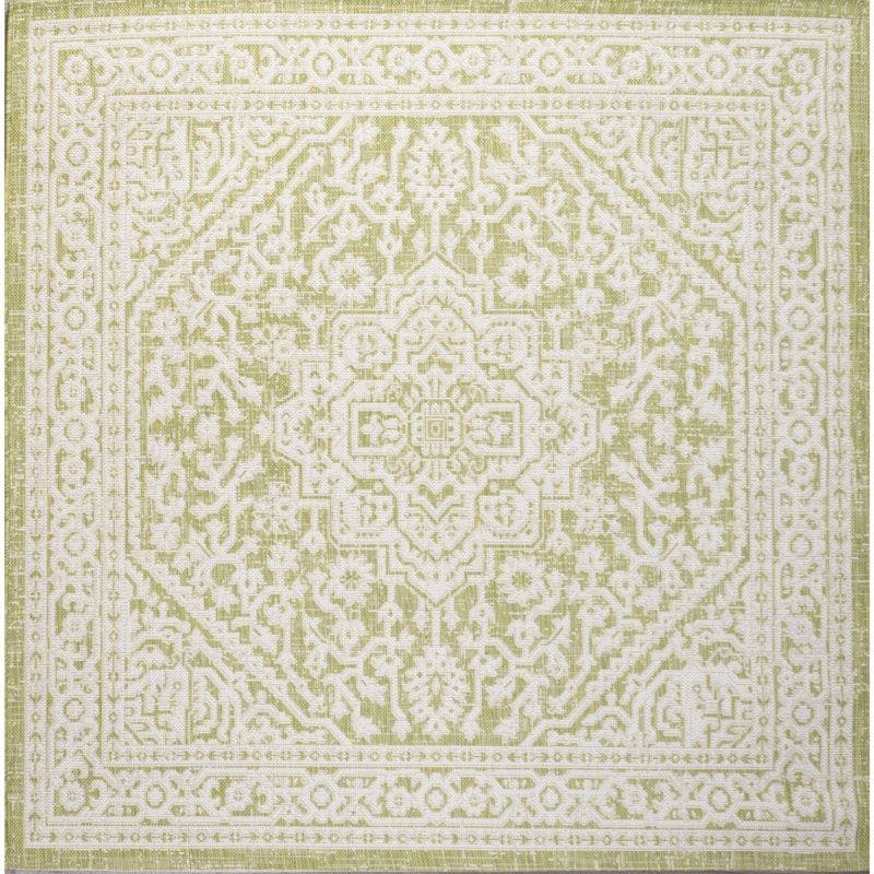 Sinjuri Green/Cream Medallion Textured 5' Square Indoor/Outdoor Rug