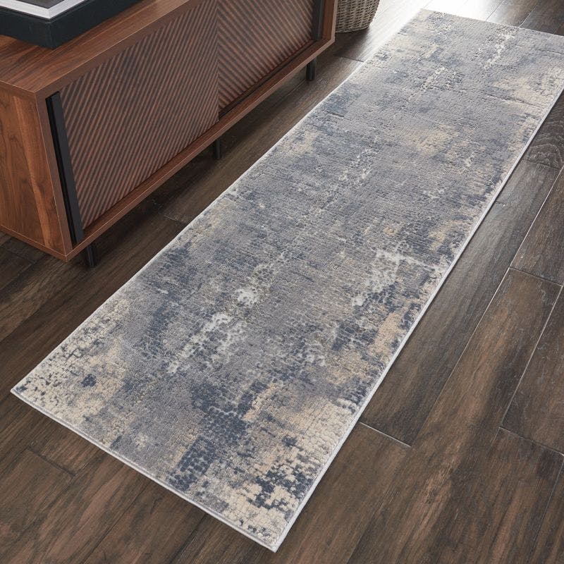 Abstract Grey & Beige Hand-knotted Synthetic Runner Rug