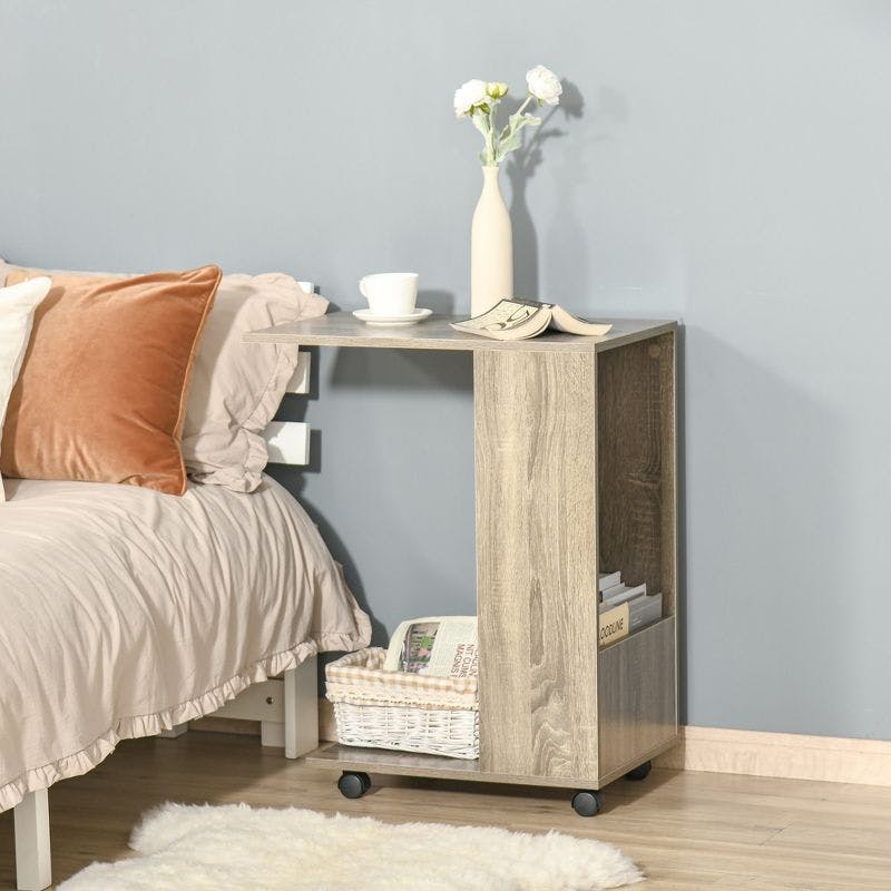 Compact Grey C-Shaped End Table with Storage on Casters