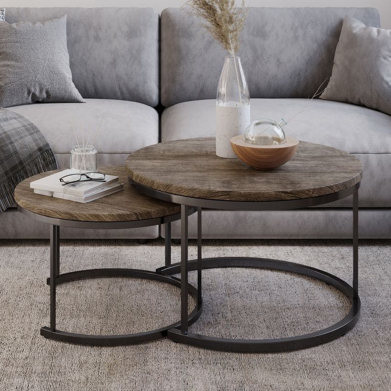 Modern Farmhouse Round Nesting Coffee Tables in Gray-Brown