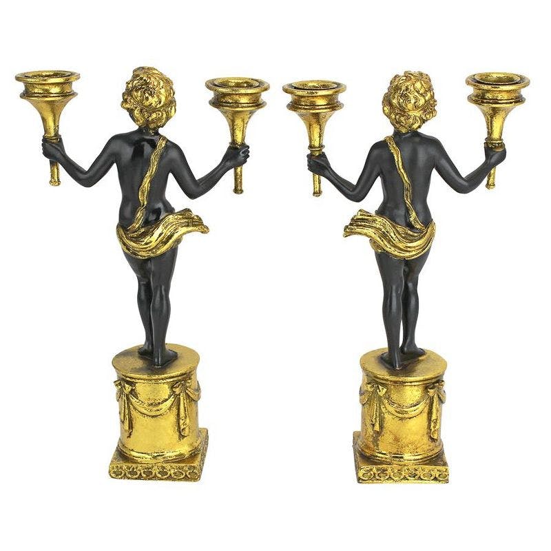 French Neoclassical 15'' Gold Gilt Ceramic Cherub Candlesticks