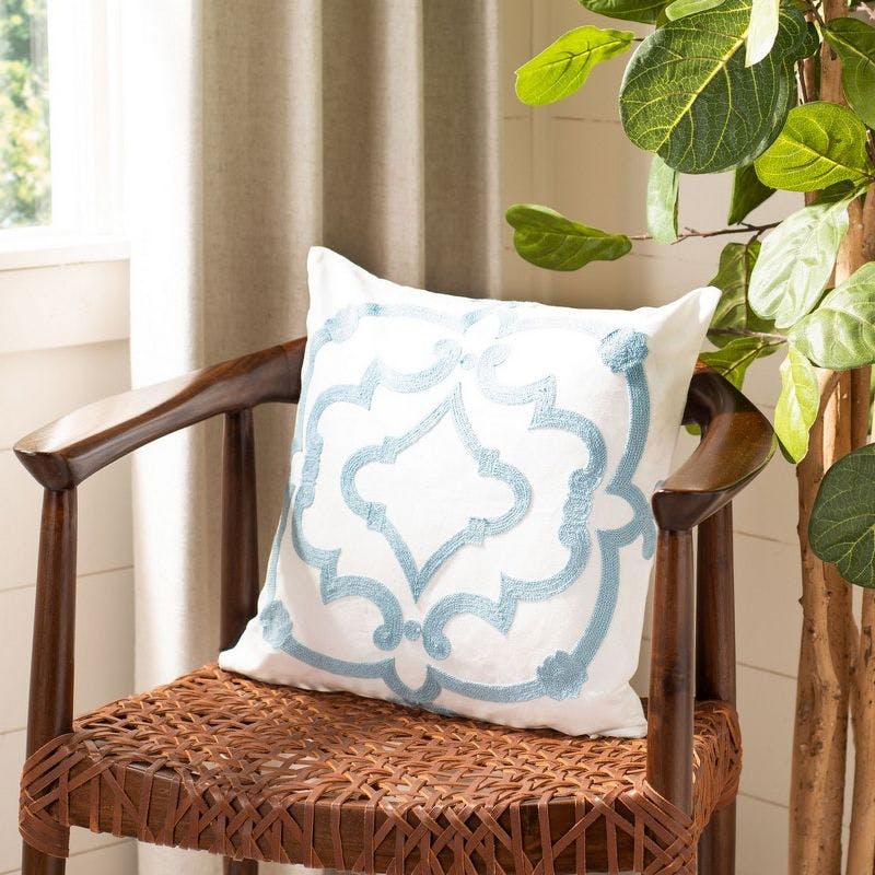 Plush Embroidered Square Pillow in White & Blue - 19" x 19"
