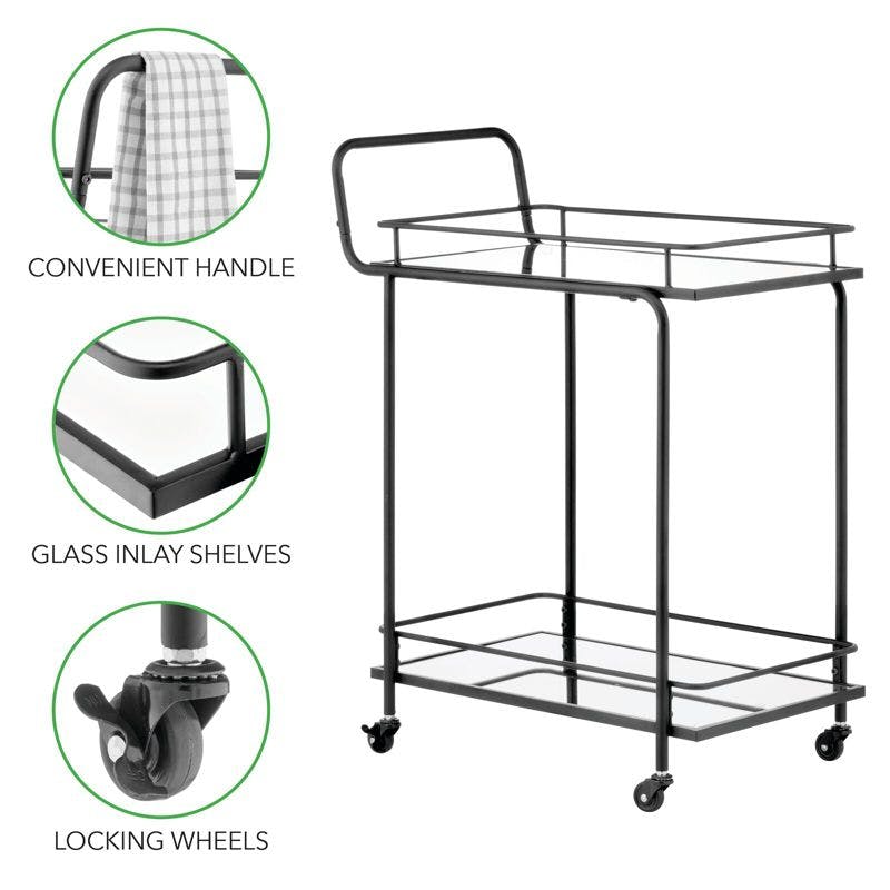 Elegant Black Metal Rectangular Bar Cart with Glass Shelves and Wine Rack
