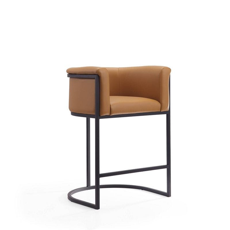 Midcentury Camel and Black Metal Counter Stool with Faux Leather Seat