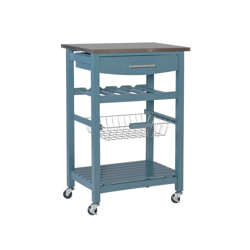 Clarke Stainless Steel Kitchen Cart with Wine Rack in Blue