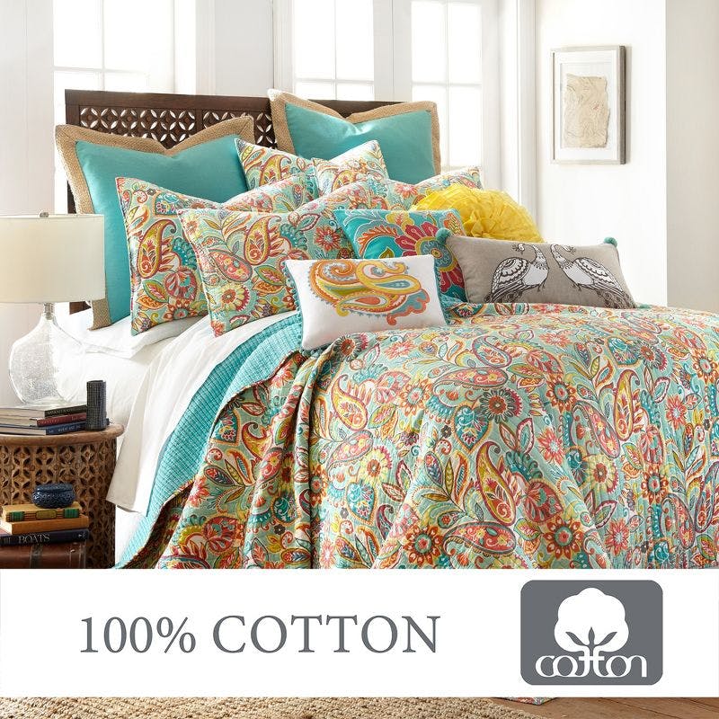 Bright Paisley and Teal Zig-Zag Full Cotton Quilt Set