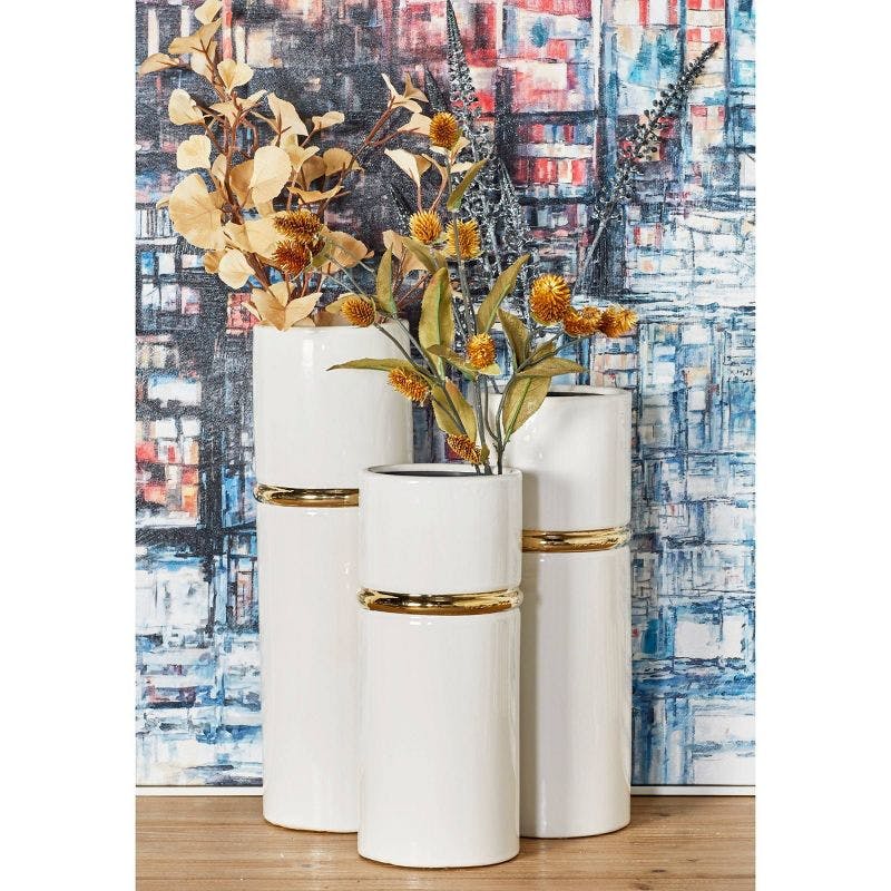 Elegant Trio of White and Gold Ceramic Vases - 12", 14", 16" Height