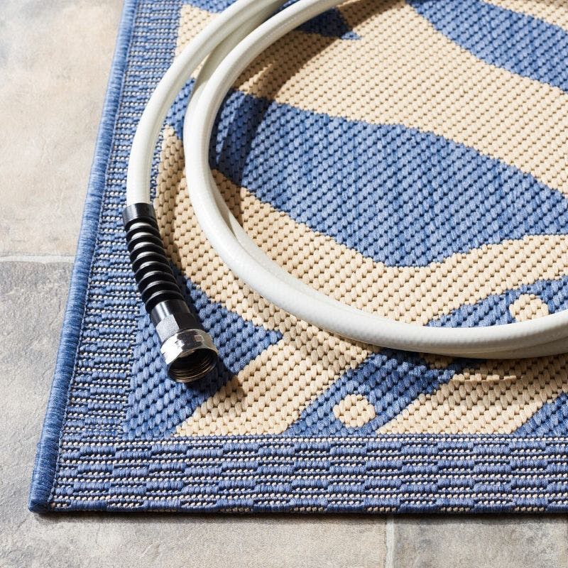 Reversible Easy-Care Blue & Natural Square Synthetic Area Rug