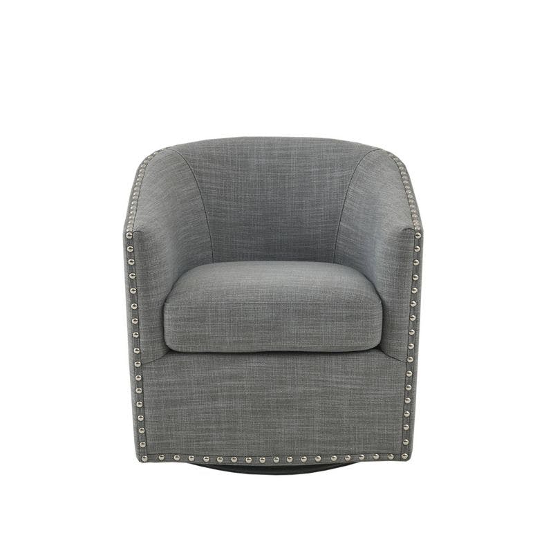 Elegant Gray Barrel Swivel Lounge Chair with Silver Nailheads