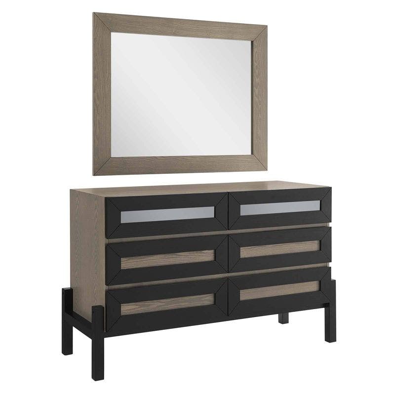 Merritt Mid-Century Brown Oak Dresser with Mirrored Accents