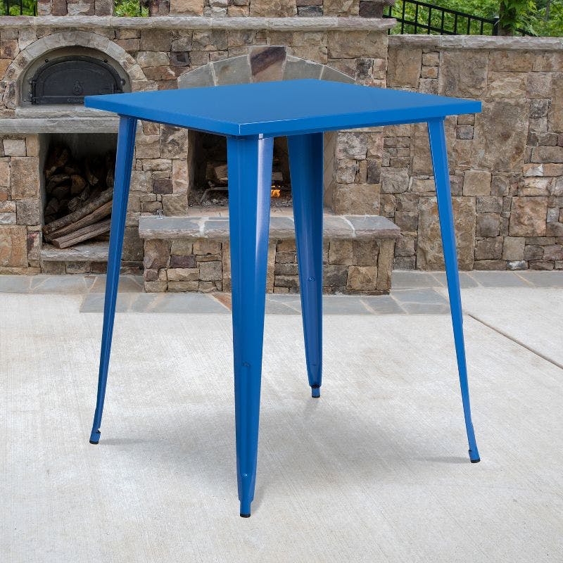 Vibrant Blue Square Metal Indoor-Outdoor Bar Height Table