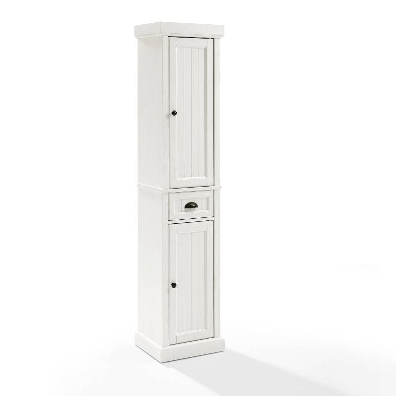 Seaside Distressed White Freestanding Linen Cabinet with Adjustable Shelving