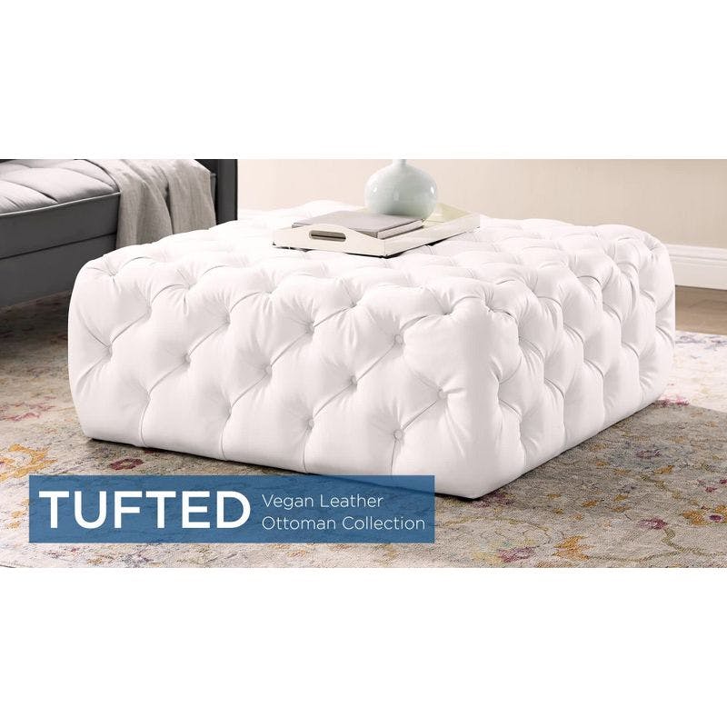 Amour Luxe Tufted Round Ottoman in Vegan White Leather