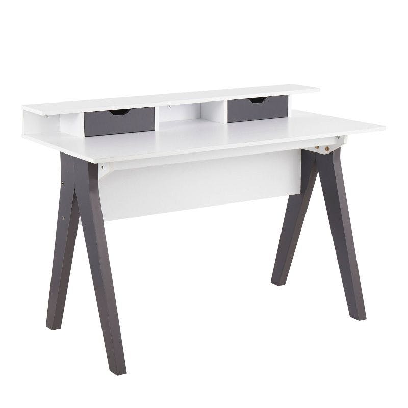 Modern Gray and White Wood Desk with Hutch and Drawers
