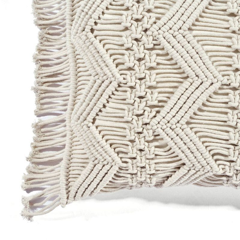 Bohemian Fringe Cotton Macrame Lumbar Pillow Cover - Neutral