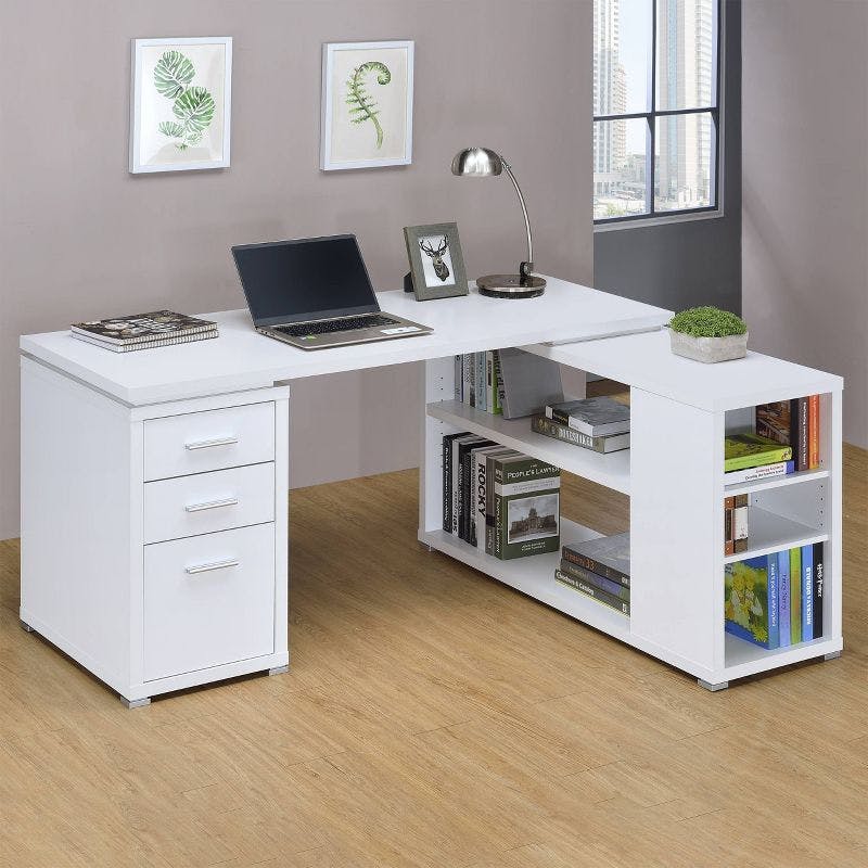 Transitional White Wood L-Shaped Home Office Desk with File Storage