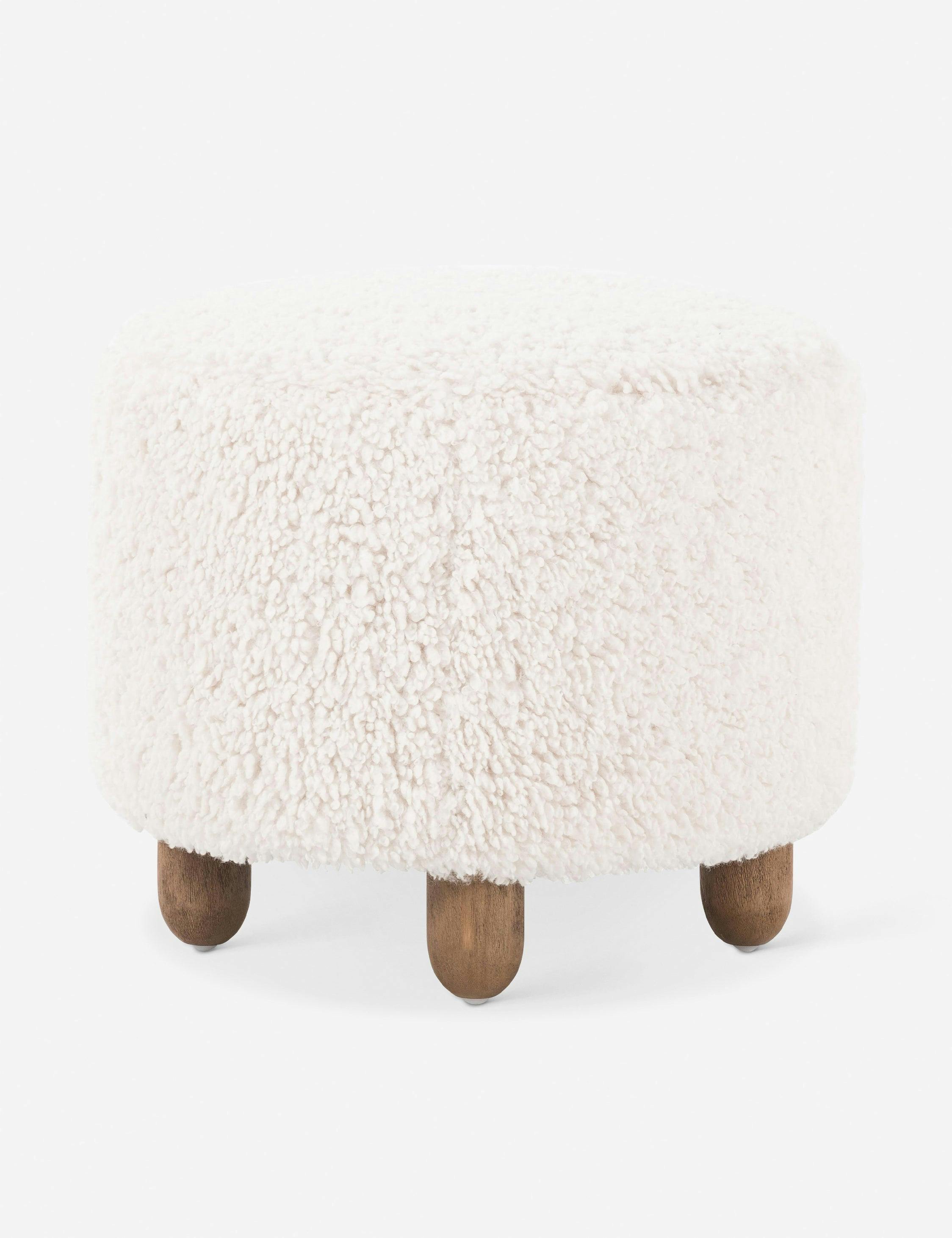 Aniston 22.5'' Ivory Sheepskin Round Ottoman with Wire-Brushed Legs