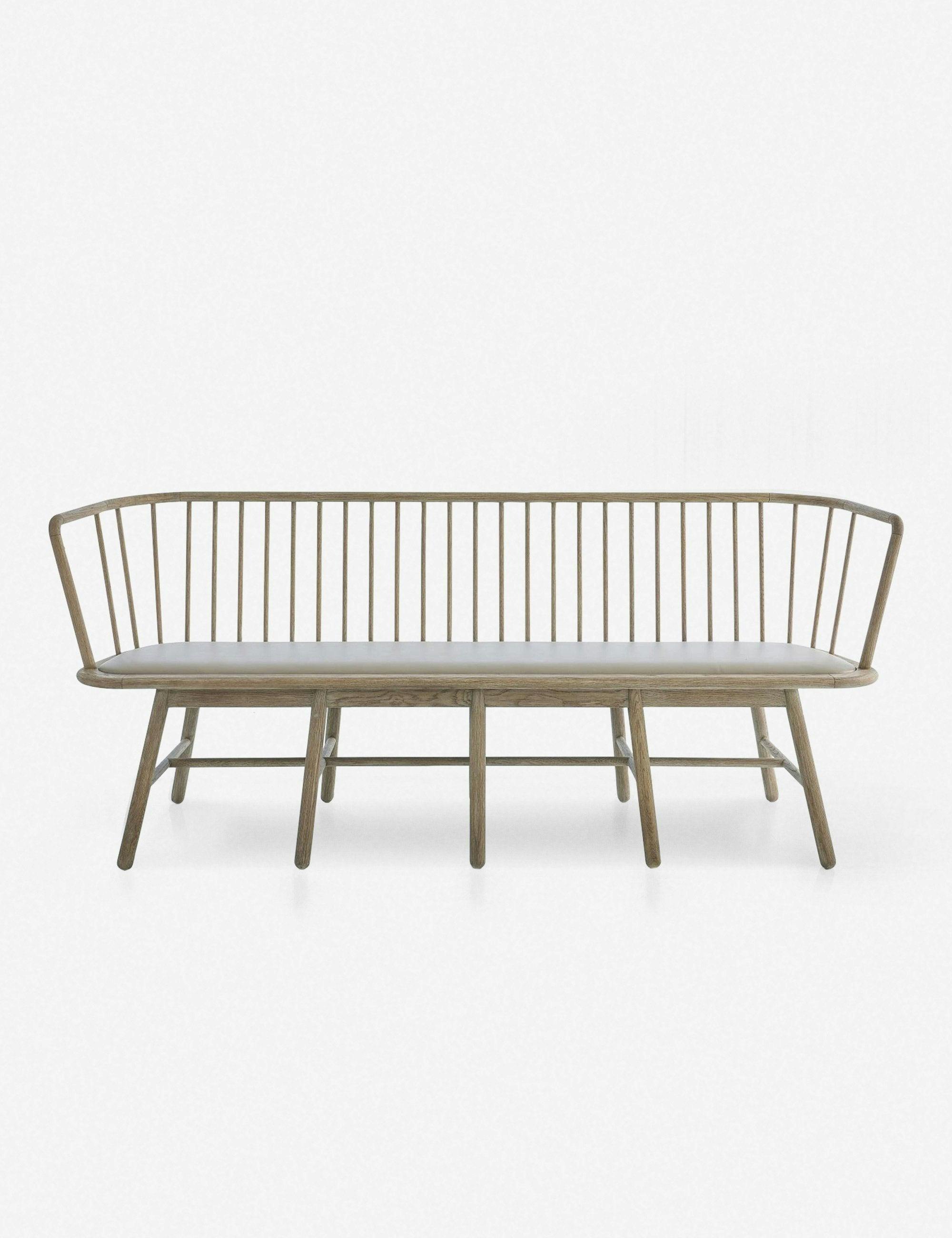 Shaker Style Spindle Long Bench with Grey Leather Cushion