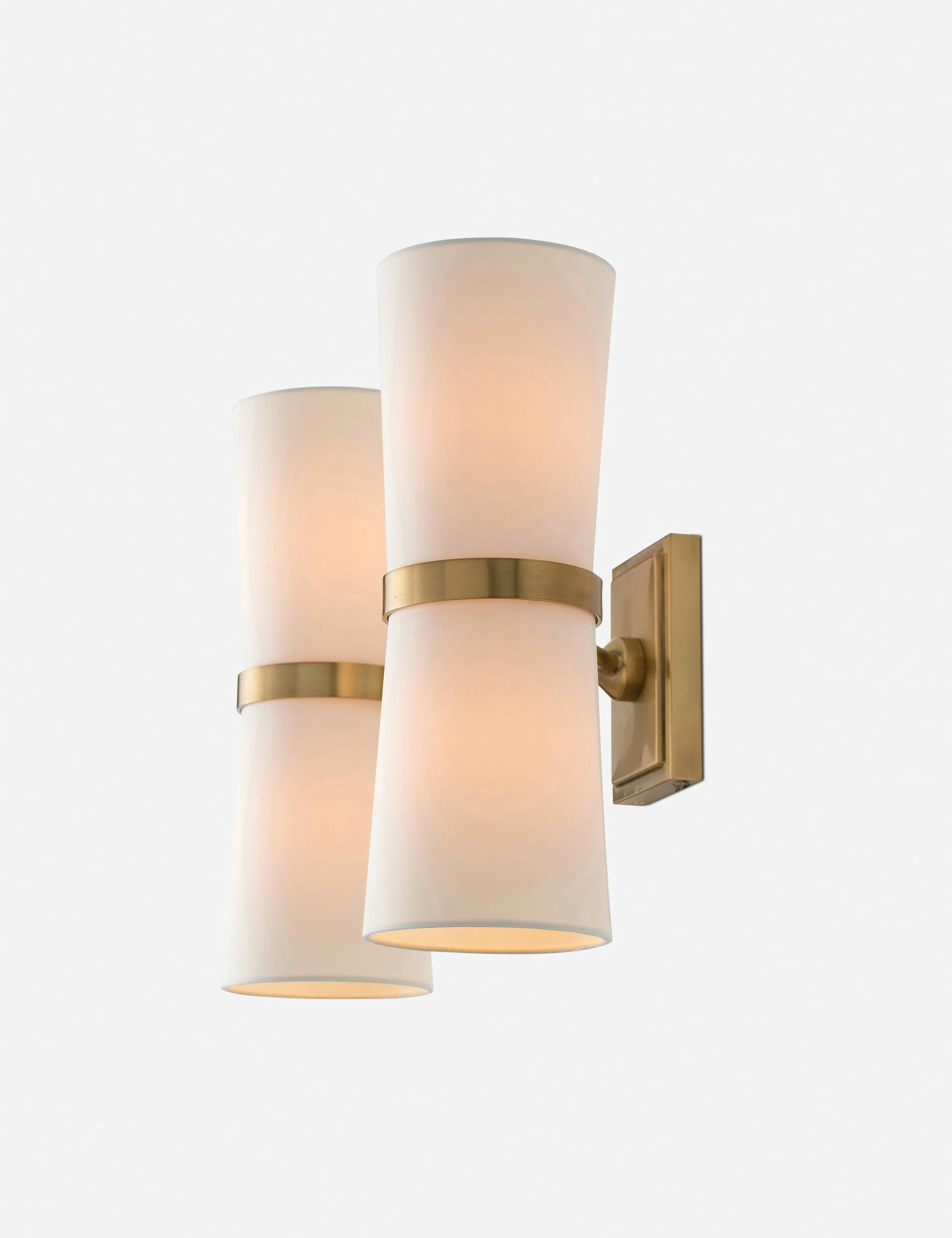 Inwood Antique Brass 15" Wall Sconce with Off-White Linen Shades