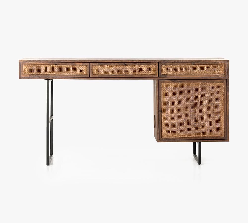 Dolores 60" Cane Desk with Drawers, Brown Wash