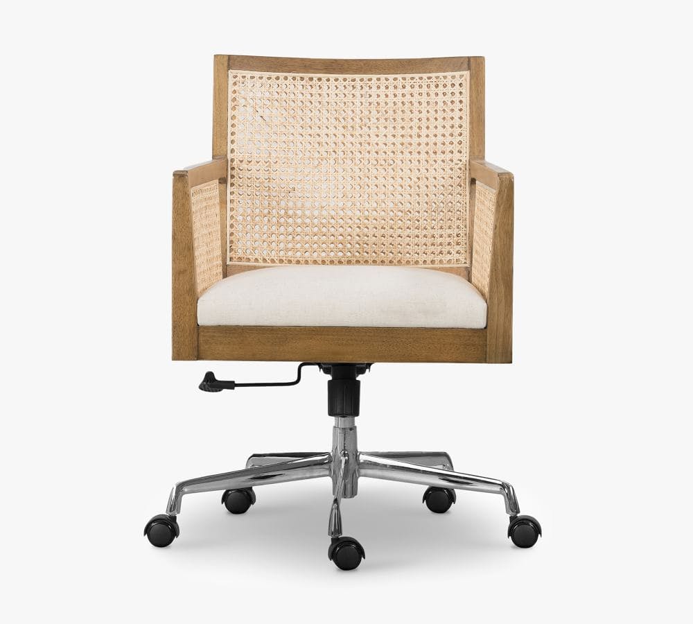 Lisbon Cane Upholstered Swivel Desk Chair, Toasted Parawood/Light Cane