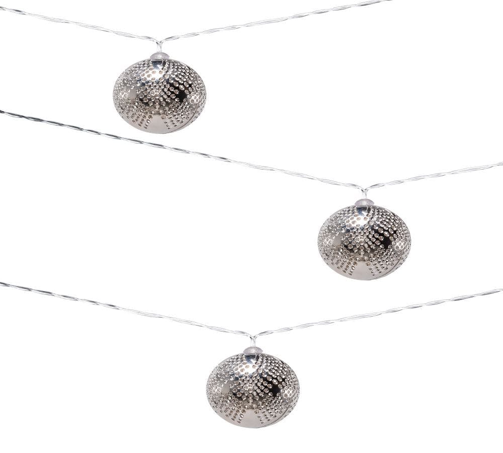 Marrakesh Metal Solar String Lights, Silver Droplet