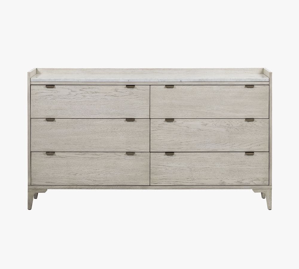 Geary Marble Top 6-Drawer Wide Dresser, Vintage White Oak & White Italian Marble