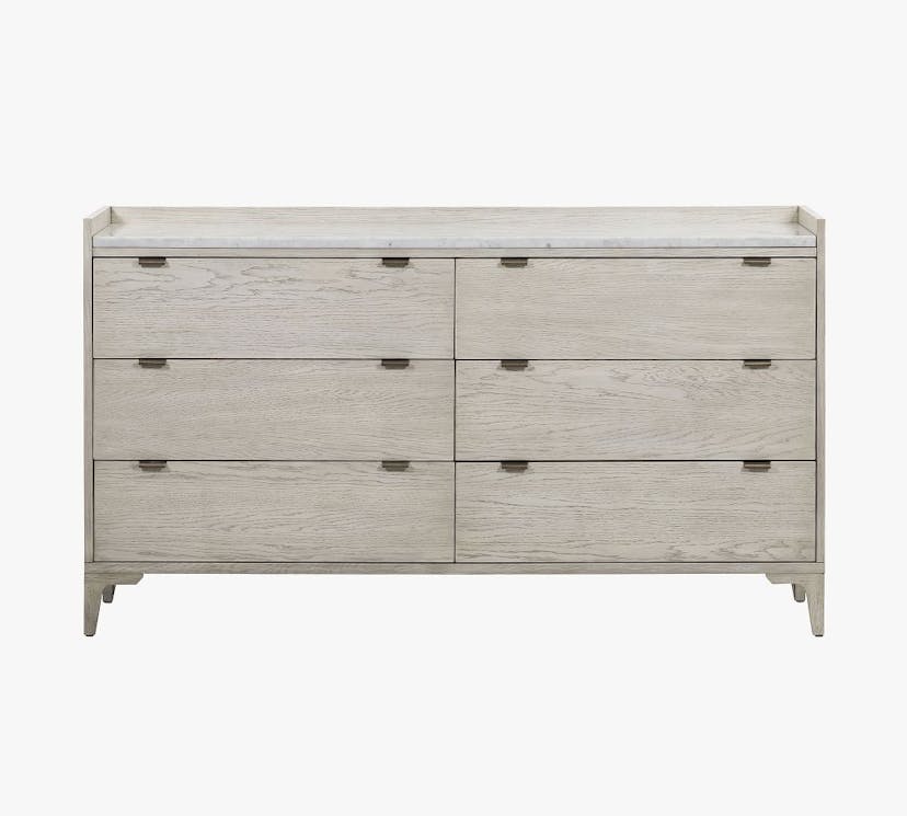 Geary Marble Top 6-Drawer Wide Dresser, Vintage White Oak & White Italian Marble