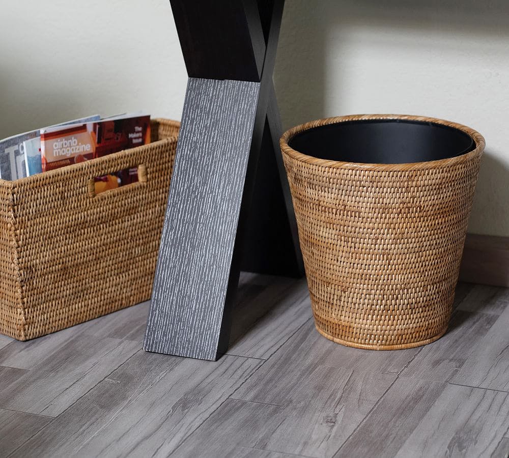 Tava Handwoven Rattan Round Waste Basket With Metal Liner