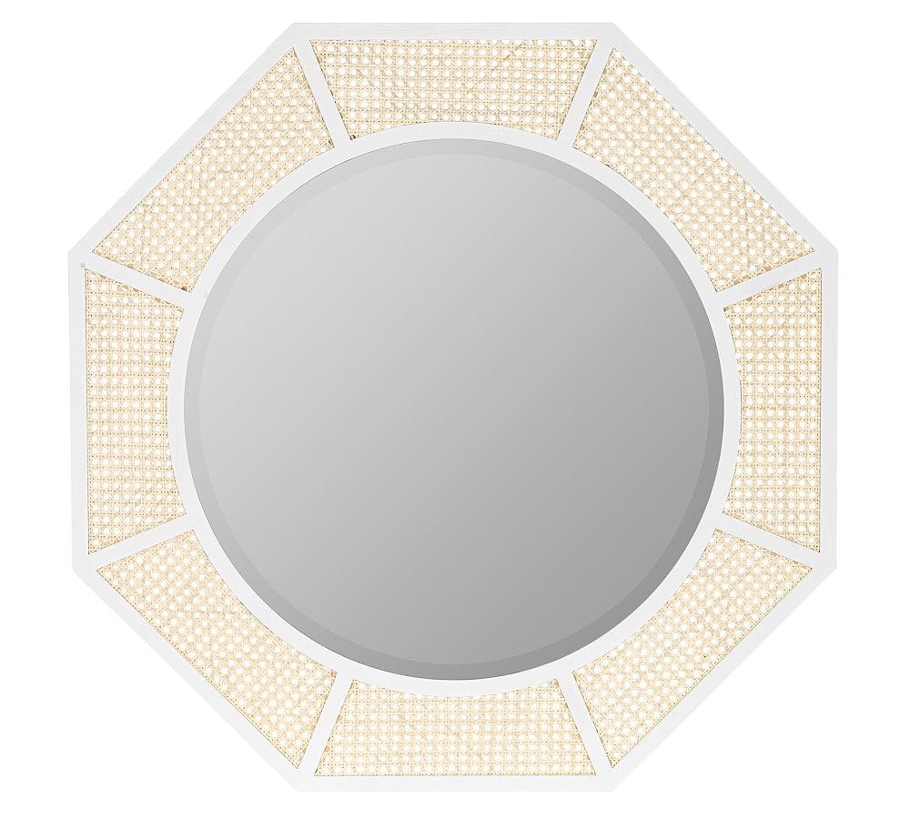 Nicki Octagonal White and Natural Cane Round Wall Mirror