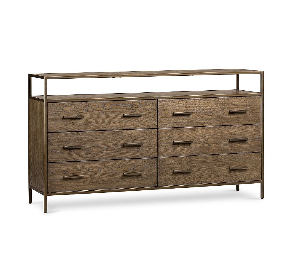 Transitional Hazel Oak 6-Drawer Double Dresser with Bronze Accents
