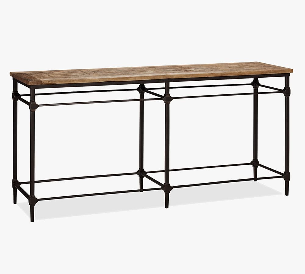 Contemporary Reclaimed Wood and Metal Parquet Console Table, Brown